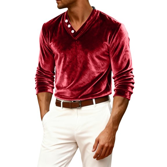 Dresfit Velvet Shirts Men Henley Long Sleeve Mardi Gras Shirt Summer Spring Button Down V Neck Tops Velour Big and Tall Party Carnival Pullover Red S