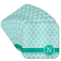 3drose, Personalized Letter N Aqua Blue Quatrefoil Pattern Teal Turquoise Mint Monogrammed Personal Initial, Set of 8 Coasters - Soft