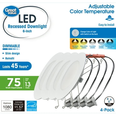 Great Value 6" LED Slim Retrofit Downlight, 13-Watt(75W Replacement) CCT Selectable E26 Base 4 Pack