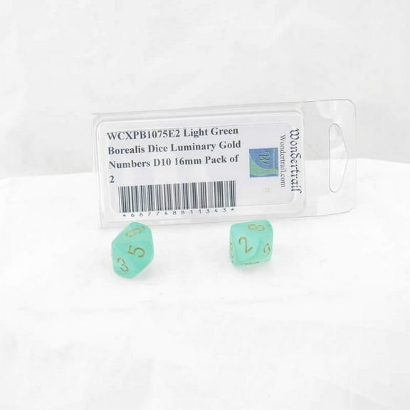 Light Green Borealis Dice Luminary with Gold Numbers D10 Aprox 16mm (5/8in) Pack of 2 Wondertrail