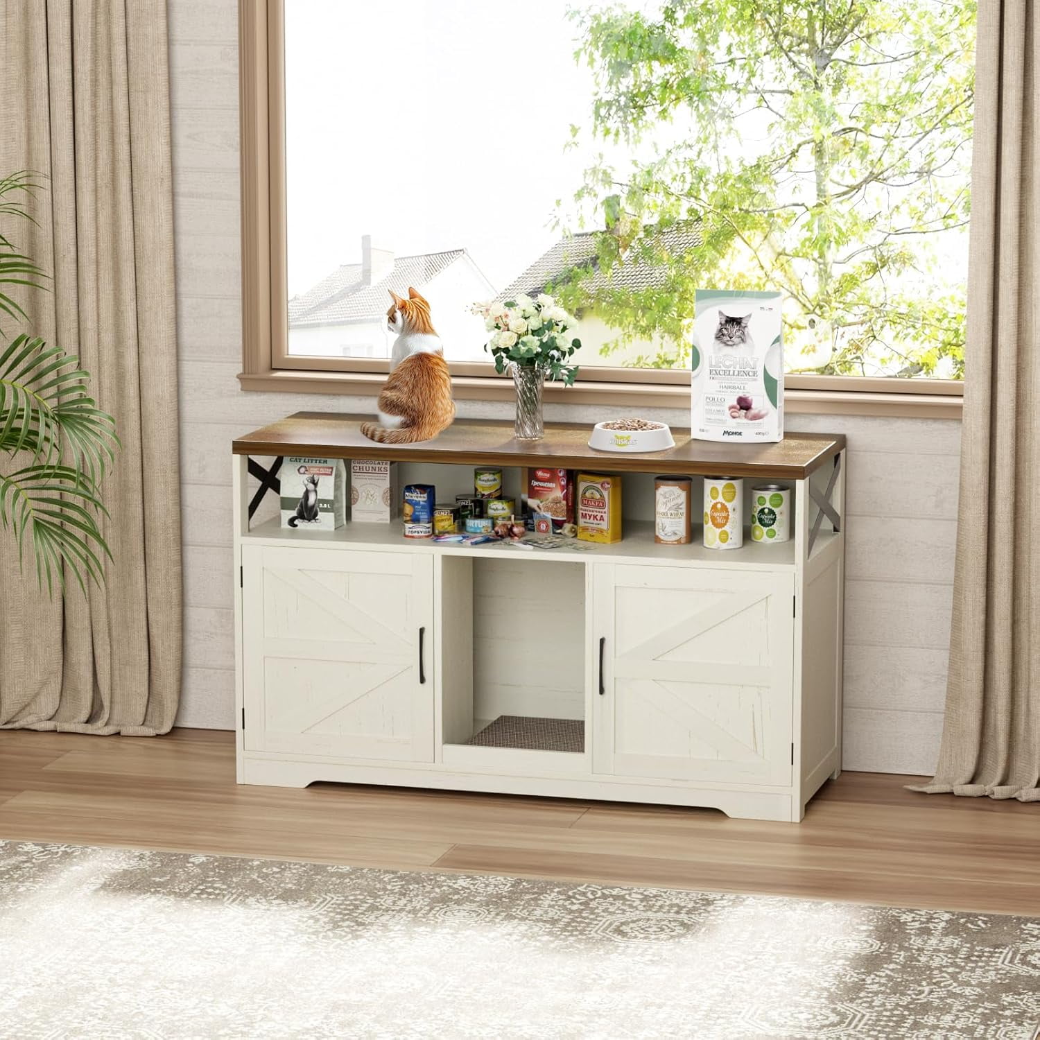 VEANERWOOD 47" Large Wood Cat Litter Box Enclosure, Hidden Cat House Washroom Furniture with Scratch Pad and Storage Shelf