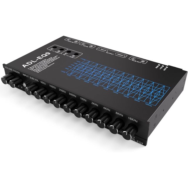 9-Band Car Audio Equalizer, Car Graphic Equalizer EQ W/Front, Rear + Sub Output, 8V RMS Line Driver, Adjustable Audio Output for Car, Boat, W/CD/AUX Input Select & White Light Illumination