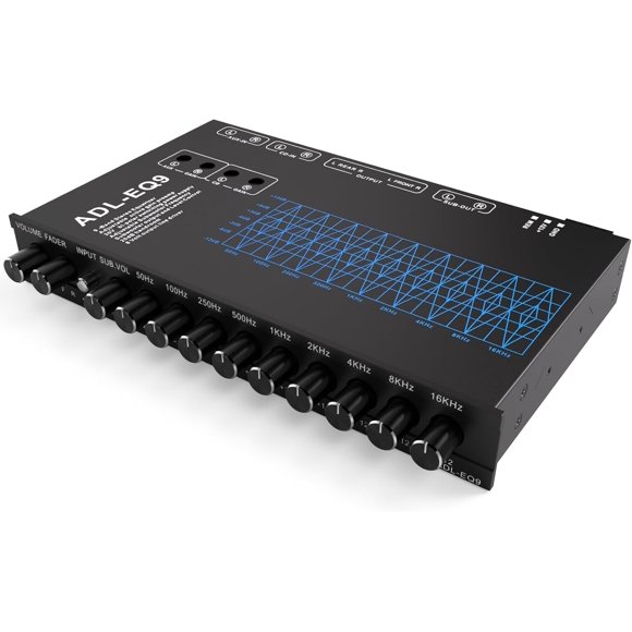 9-Band Car Audio Equalizer, Car Graphic Equalizer EQ W/Front, Rear + Sub Output, 8V RMS Line Driver, Adjustable Audio Output for Car, Boat, W/CD/AUX Input Select & White Light Illumination