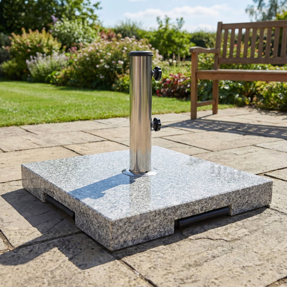 Square Granite Umbrella Base with Stainless Steel Holder Heavy Duty Outdoor Patio Umbrella Stand Natural Grey