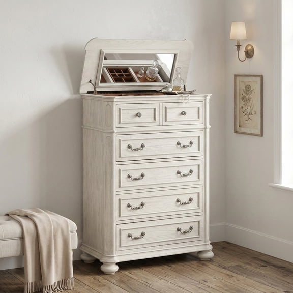 Roundhill Furniture Nelson 5-Drawer Bedroom Chest with Flip-top, Antique White