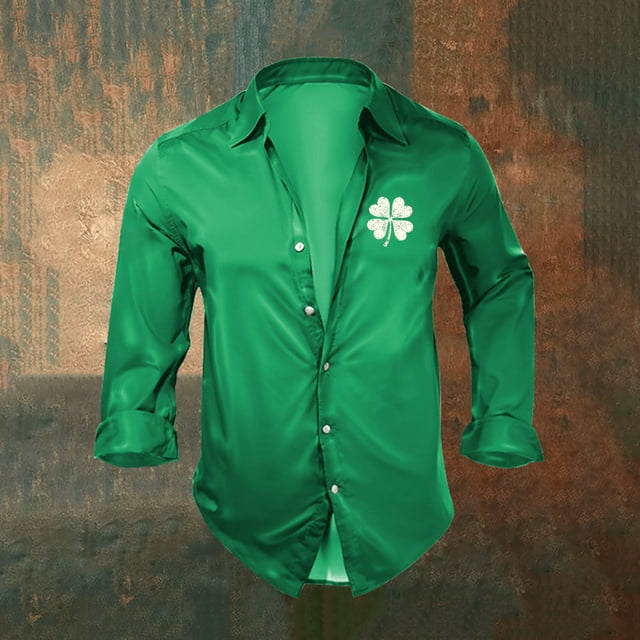 Blusa y camisa de manga larga con cuello vuelto para hombre, informal, a la moda, con botones y estampado de San Patricio, de poliéster.