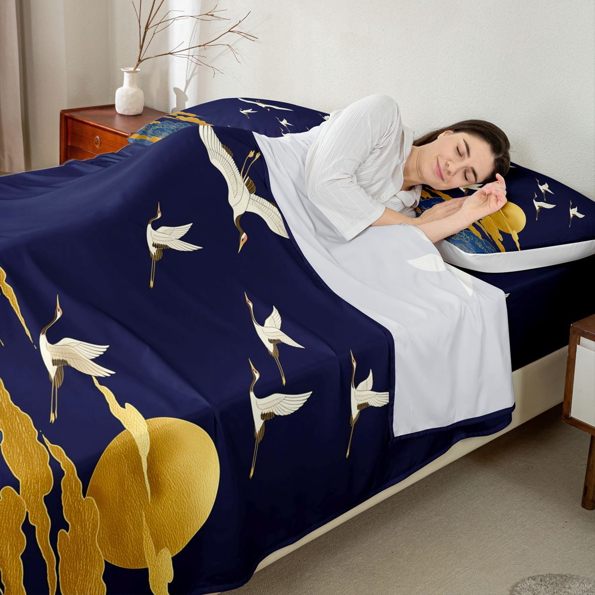 Manfei Traditional Crane Wave Queen Sheet Sets for Girls Women, Golden Moon Bed Set, Blue Gold White 4pcs, 1 Flat Sheet, 1 Fitted Sheet and 2 Pillowcases