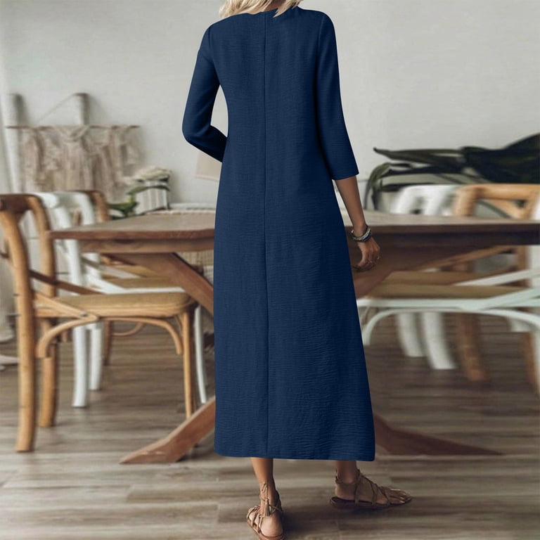 VEKDONE Linen Maxi Dress for Women Summer 3/4 Sleeve V-Neck Boho Long Dress  Elegant Solid Color Loose Fit A-Line Dress Dark Blue XL - Walmart.com