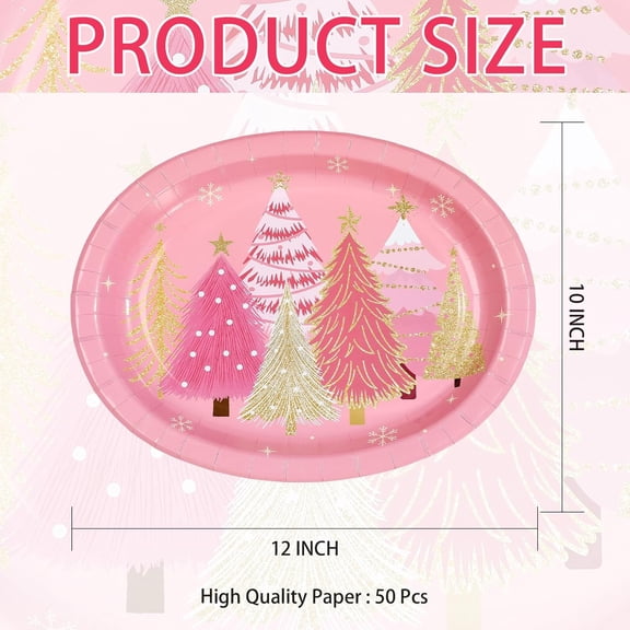 YUYAN-50Pcs Christmas Oval Paper Plates 10" x 12" Large Disposable Heavy Duty Pink Christmas Tree Paper Platters Winter Snowflake Dessert Plates for Xmas Holiday Party Supplies