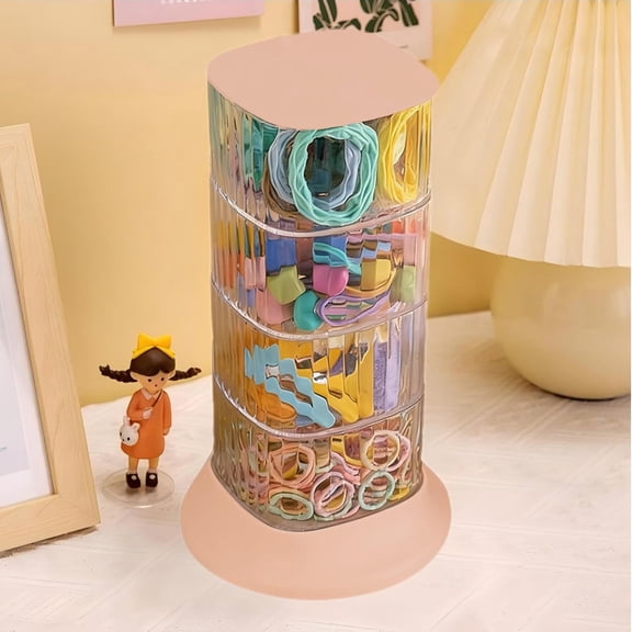 Hair Accessory Organizer, 4-Layer Rotating Clear Hair Tie Holder, 360° Space-Saving Jewelry Storage Box for Hair Clips, Headbands and Earrings, 9.8 x 3.7 Inches