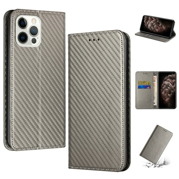 SaniMore for iPhone 14 Pro Wallet Case, Wrist Strap Magnetic Clasp, Card Slots Carbon Fibre Skin Shockproof TPU Anti-drop Anti-scractch Stand Business Full Protective Shell for iPhone 14 Pro, Gray