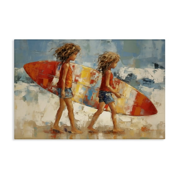 Stupell Industries Kids with Surfboard Sports Painting Gallery Wrapped Canvas Art Print Wall Art, 45 x 30
