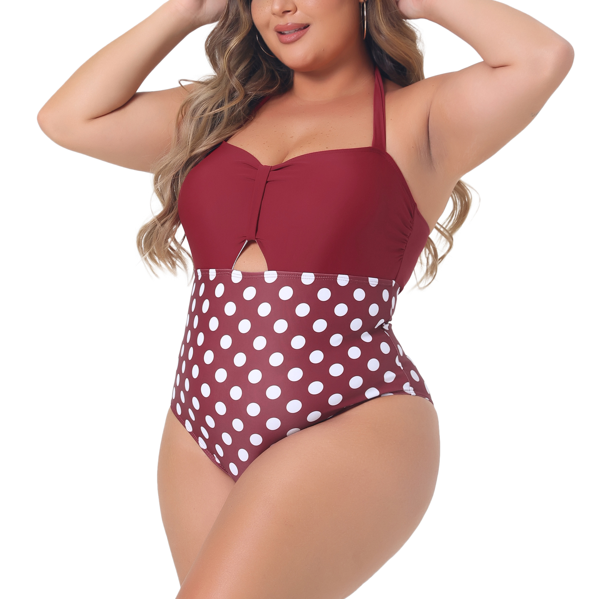 Unique Bargains Women's Plus Tummy Control Bathing Suit Cutout Swimwear L Red