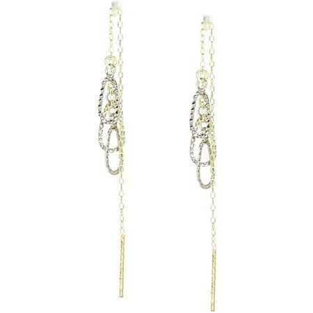 Yellow Gold Dangling Threader Earrings - American Designs 14kt Yellow and White Gold Two-Tone Diamond-Cut Teardrop Pear Dangle and Drop Threader Earrings