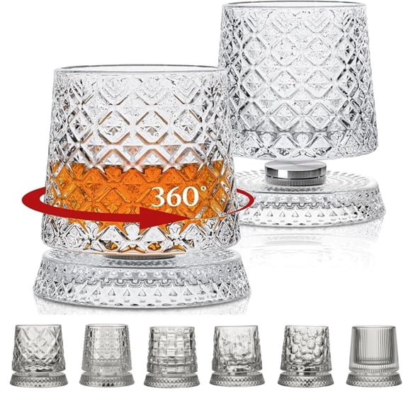 Spinning Whiskey Glass, 360Degree Rotating Crystal Whiskey Tumblers with Heavy Base, Lead-Free Premium Glass for Bourbon & Scotch,Unique Gift for Men