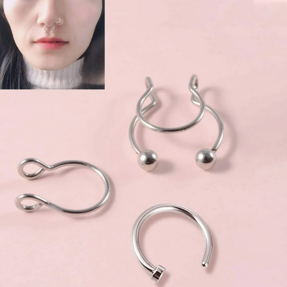 AOOOWER 3pcs Fake Nose Studs Faux Nose Septum Ring Non Piercing Clip On Nose Hoop Rings