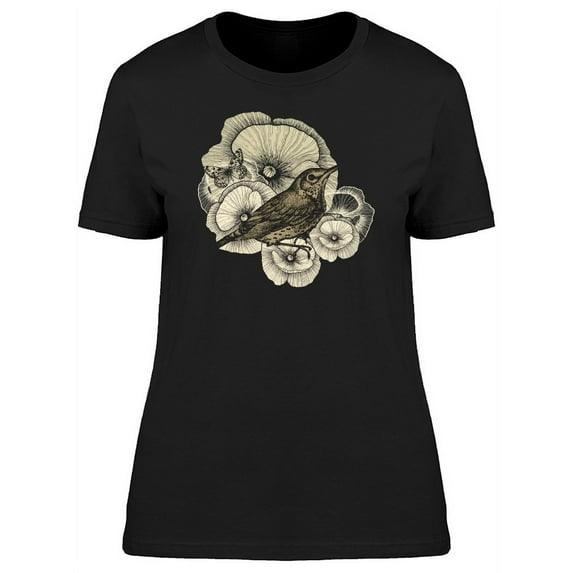 Bird With Poppy Flowers Ink Art Tee Women's -Image by Shutterstock