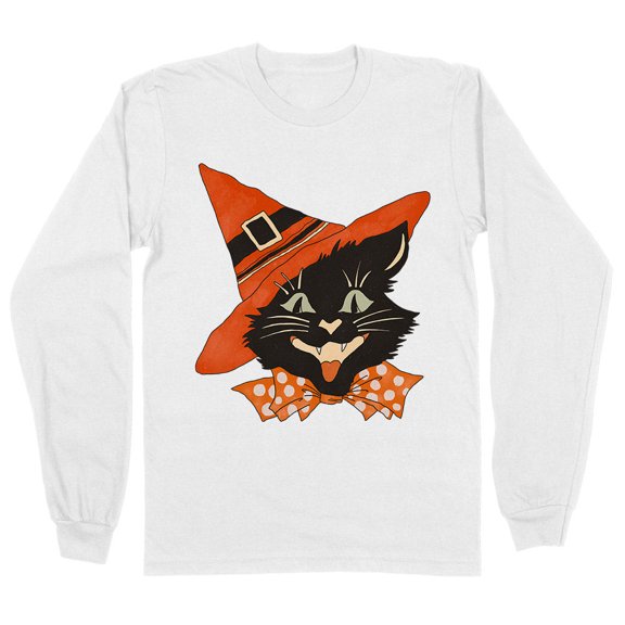 Vintage Witch Cat Long Sleeve Shirt Unisex Large White