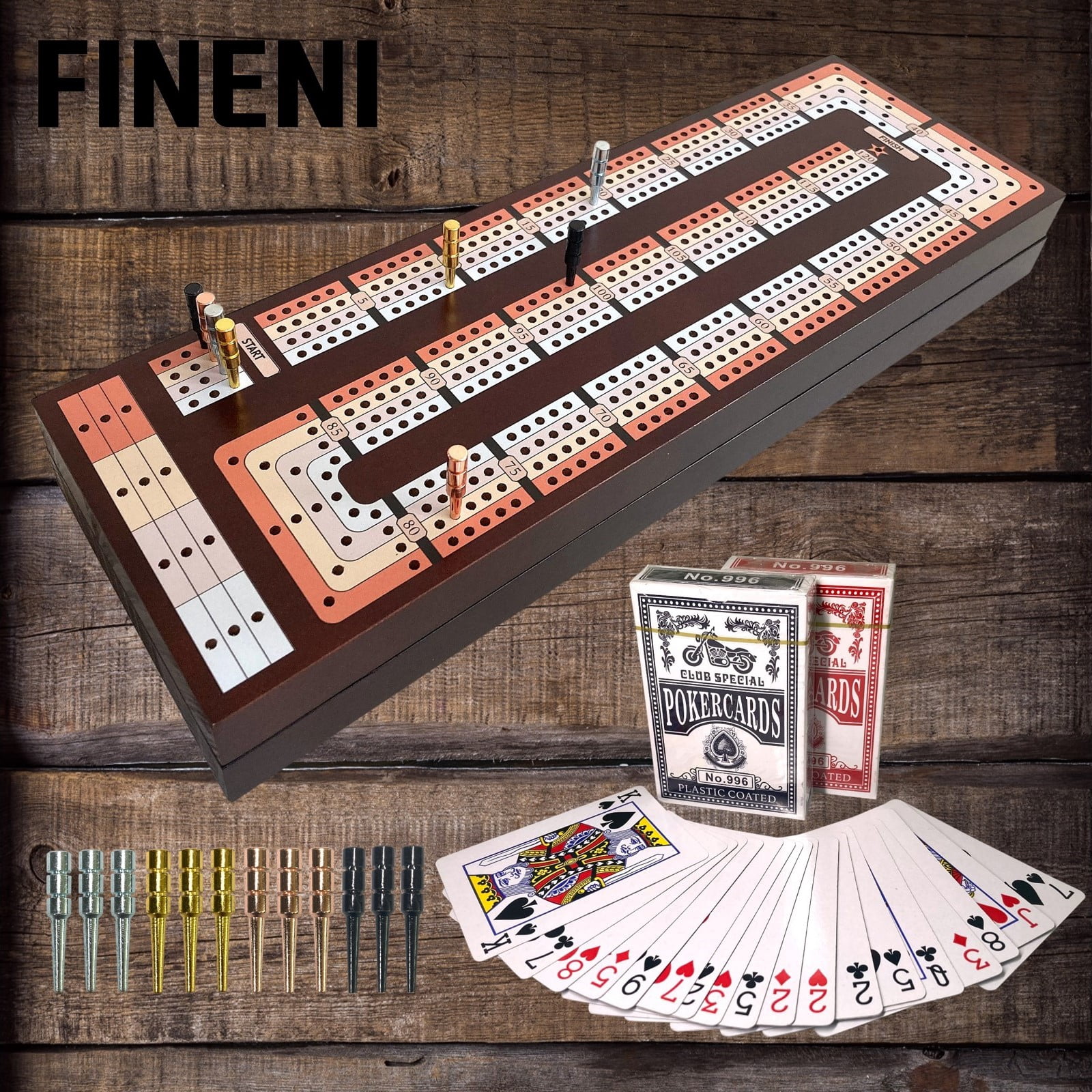 FINENI 4 Track Cribbage Board Game Set, Premium Wooden Board with Magnetic Lock, 12 Metal Pegs, 2 Playing Cards with Large Storage & Travel Portable – Continuous 4 Track Board