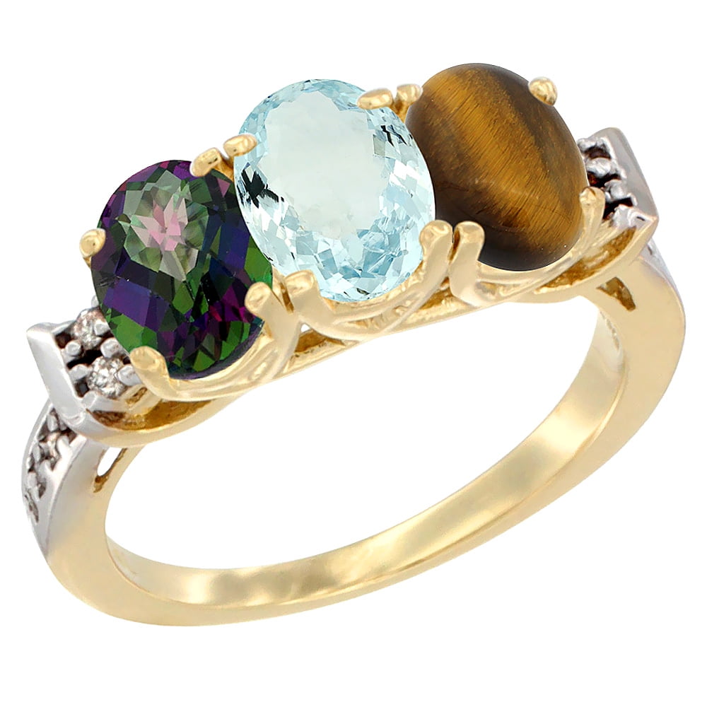 14K Yellow Gold Natural Mystic Topaz, Aquamarine & Tiger Eye Ring 3-Stone Oval 7x5 mm Diamond Accent, sizes 5 10 by WorldJewels