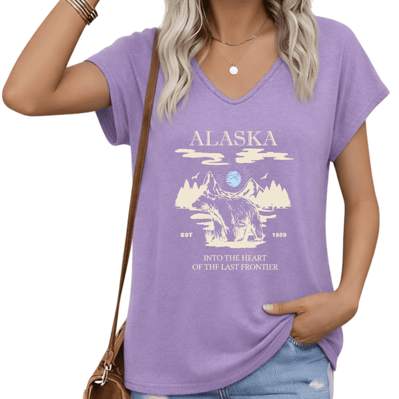 UNISHE Women Alaska Bear V Neck Short Sleeve T Shirt State Pride Graphic Casual Plus Size Tee S-5XL