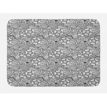 Ethnic Bath Mat, Tribal Henna Tattoo Design Monochrome Asian Cultures Inspirations Floral Elements, Non-Slip Plush Mat Bathroom Kitchen Laundry Room Decor, 29.5 X 17.5 Inches, Black White, Ambesonne