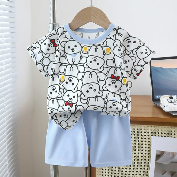 hengsof Summer Cotton Suit for Infants Toddlers, Cute Printed Pattern Round Neck Short Sleeve T-Shirt Solid Color Shorts Two Piece Casual Suit