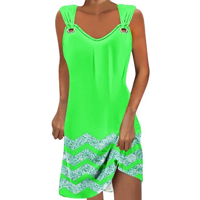 Annhoo Robe d'Été Tendance pour Femmes, Imprimée, Col en V, Sans Manches, Mini, Décontractée, Plage, Vacances, Robe Courte