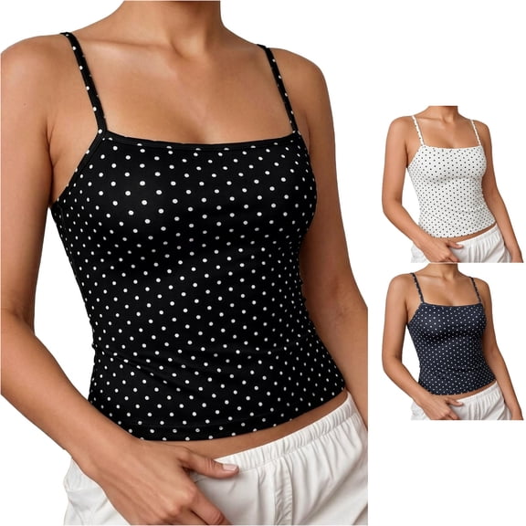 WAYUTE Tank Tops for Women Spaghetti Straps Slim Fit Polka Dot Print Cropped Tops Layering Fashion Camisole Summer Vacation,Black,M