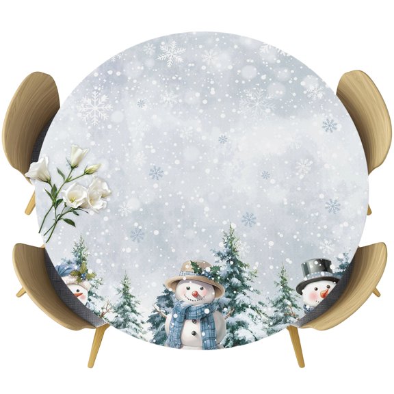 Round Fitted Tablecloths with Elastic Edge Christmas Snowman Trees Oil-Proof Waterproof Wipeable Table Cover for Kitchen Dining Party Decor Winter Snowflakes Table Clothes,36" - 44"