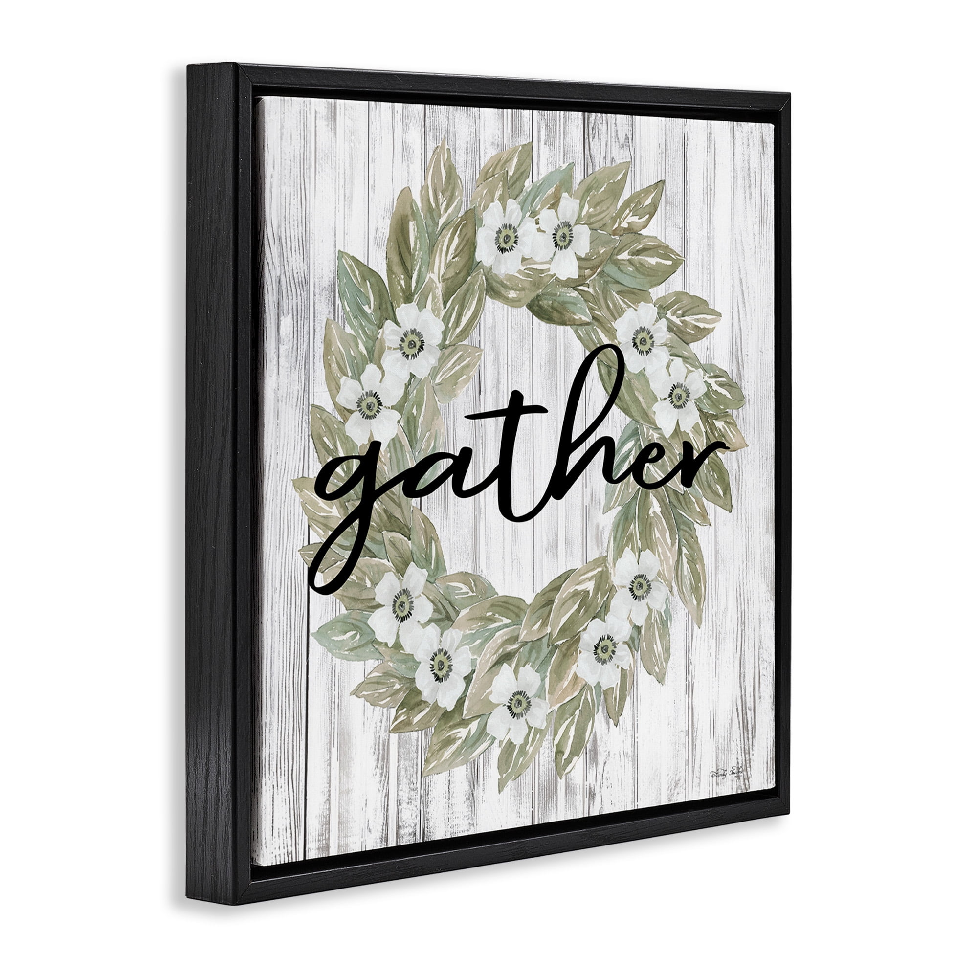 Stupell Industries Gather Greenery Wreath Typography Painting Black Floater Framed Canvas Art Print Wall Art, 25 x 25