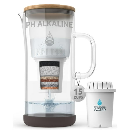 Invigorated Water pH Restore Glass Alkaline Water Filter Pitcher, 3.5L, 1 Filter Included