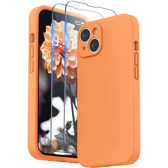 Compatible with iPhone 14 Case with Screen Protector (Camera Protection Soft Microfiber Lining) Liquid Silicone Phone Case 6.1 inch 2022, Marigold Orange
