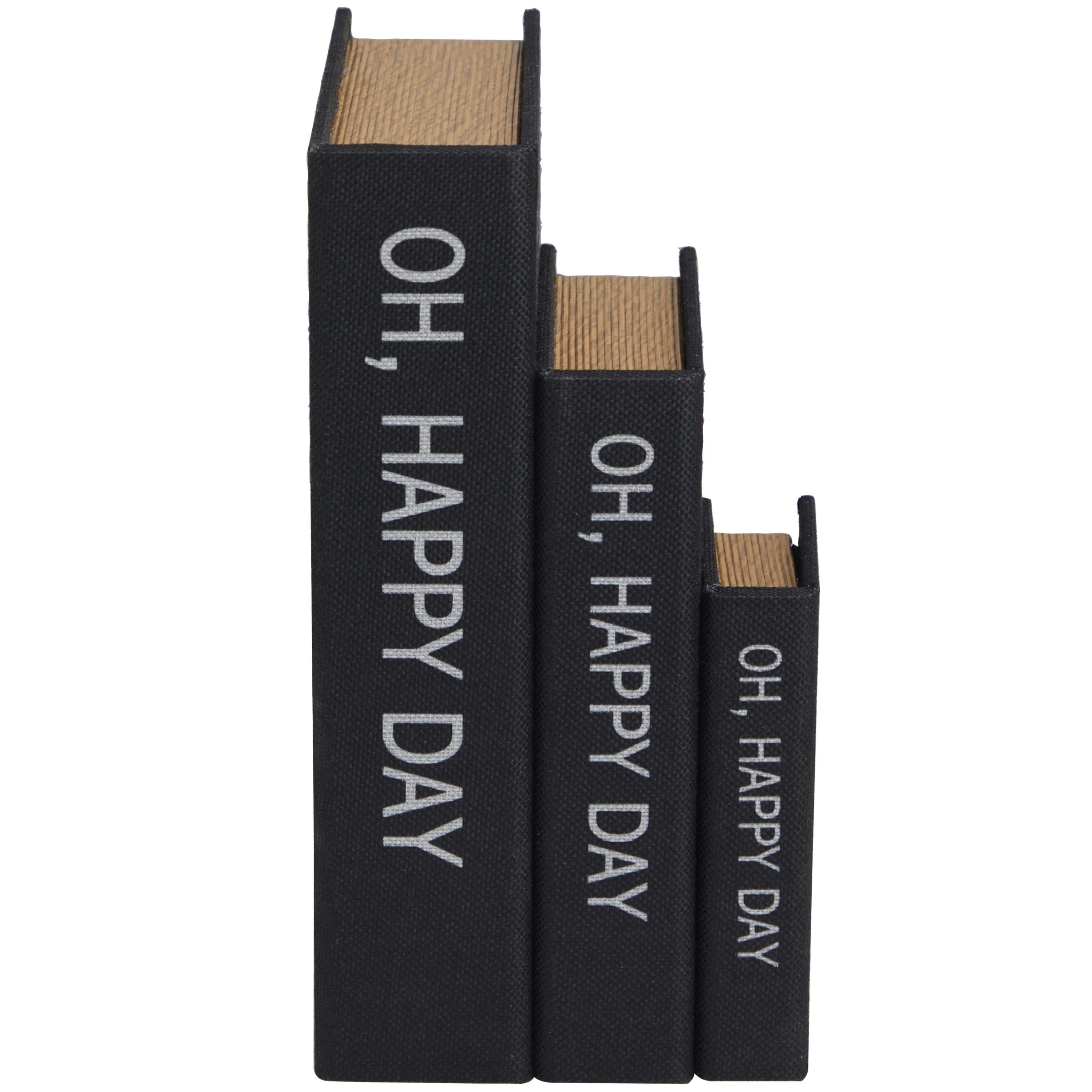 DecMode Storage Book Black Linen Fabric Decorative Box with Typography and Gold Page Inspired Detail, 3 Count