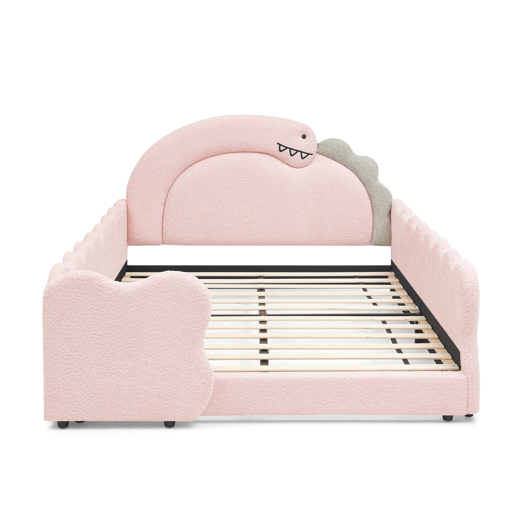 GDF Studio Full Size Cute Dinosaur Bed with Safety Guardrails & Solid Wood Frame, Boucle Fabric Upholstered Bed, Pink