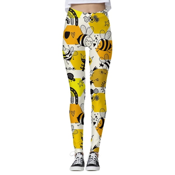 Bibifish Womens Leggings Yellow White Bee Print Slim Fit Casual Pants Cute Pattern Soft Fabric Stretchy Casual Daily Outings Playful Stylish Leggings