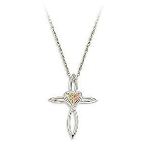 1 in. x 0.77 in. SS Cross Necklace, Heart Shape Black Hills Gold, 12K Green & Rose Gold Leaves