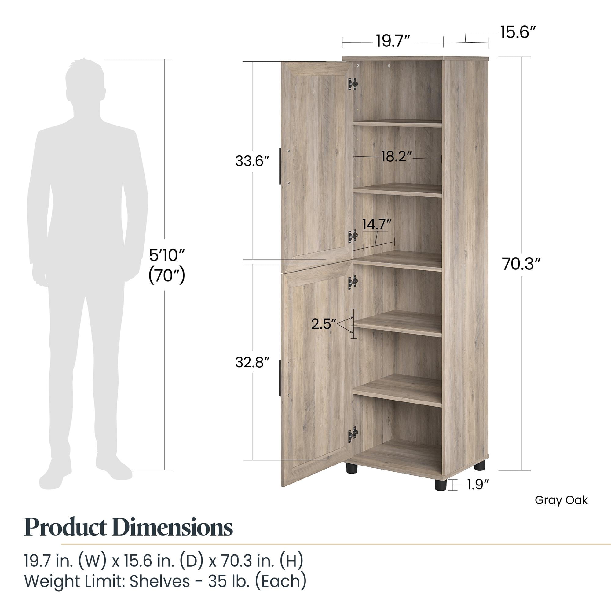 RealRooms Tindall 2 Door Kitchen Pantry Cabinet, Gray Oak - 3