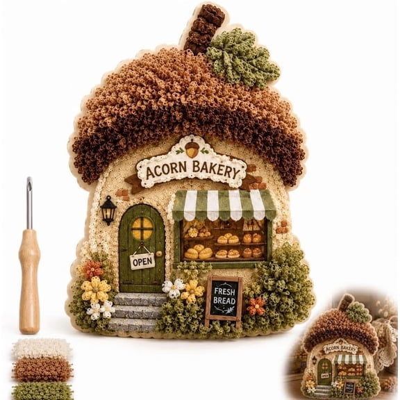 Whimsical Village 3D Fabric Poke Art Kit, Floral Mushroom Cottage | Creative Craft Set, Flowers Activity Summer Gift Home Decor Craft for Adult Beginner Handmade Hobby Gift(Acorn Bakery)