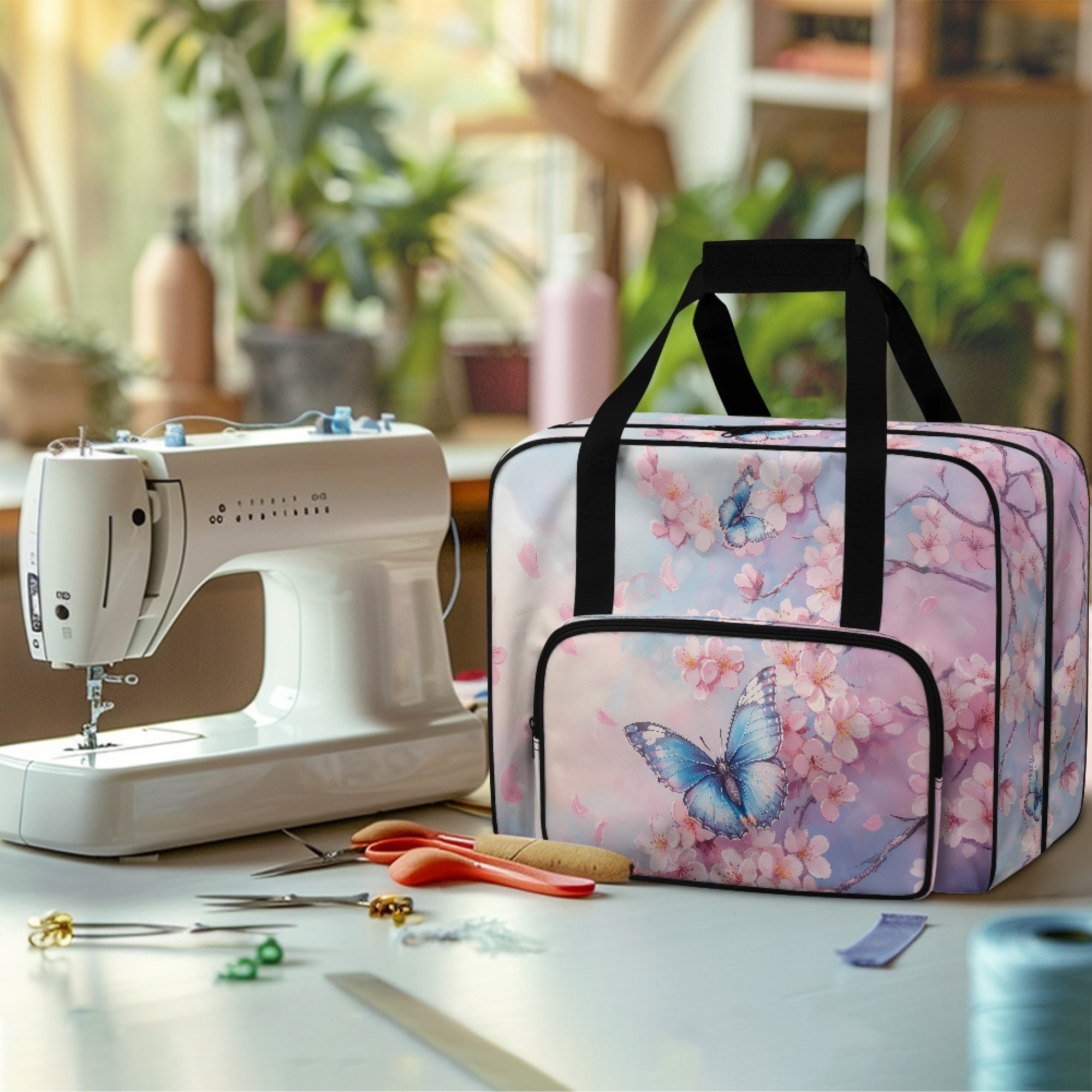 ZIATUBLE Butterfly Zippered Travel Bag Cherry Blossom Portable Carrying Totes Stain Resistant Sewing Machine Supplies Organizer Suitable for Most Standard Sewing Machine Accessories