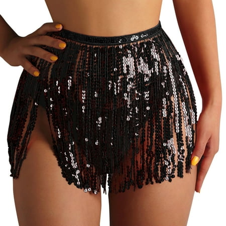 Rigardu Hot Sale!! Women s Swim Skirts High Waisted Bathing Suit Bottoms Swimsuit Swimwear Skirted Women Short Sequin Fringe Cover Up Skirt Beach Wrap Bikini Shiny Cover Ups for Swimwear Black S