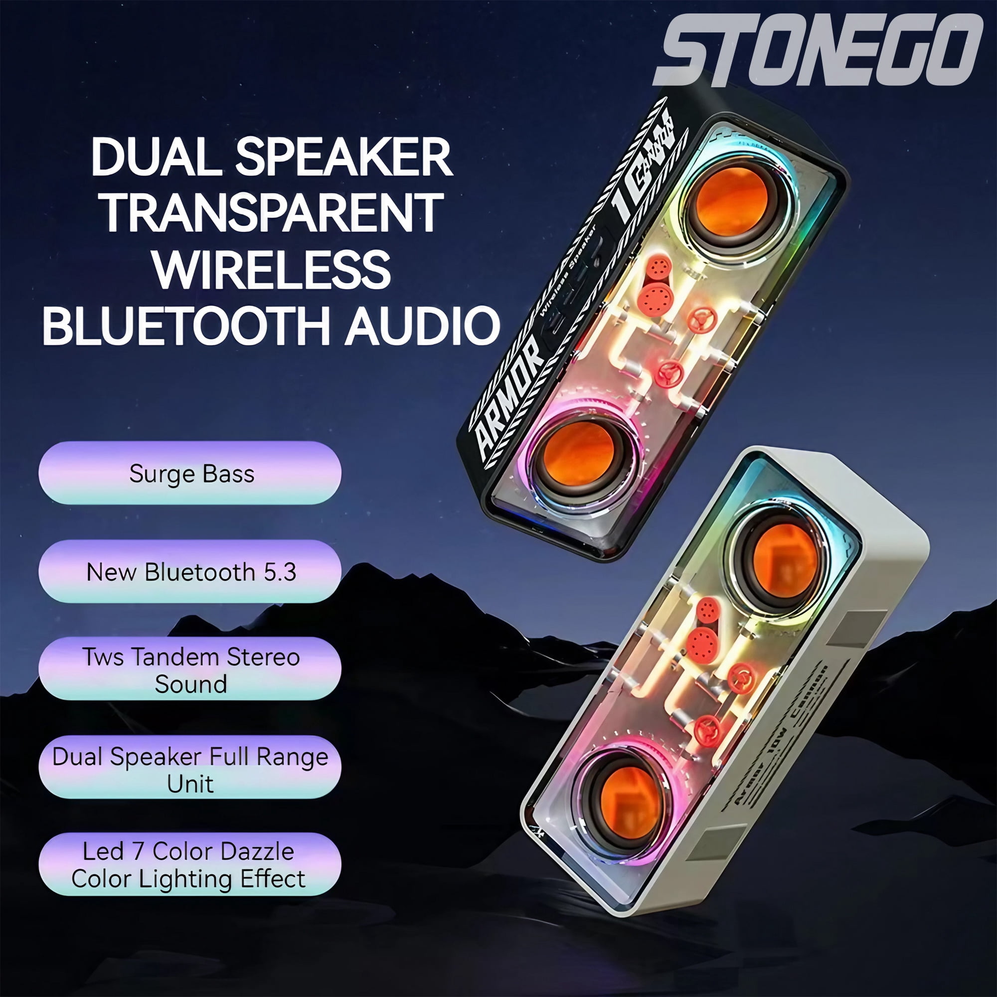 STONEGO Transparent Mech Wireless Bluetooth Speakers - Home, Computer and Gaming Speakers with Colorful Glow - High-Performance Bass Diaphragm Speakers - Enhanced Sound for Games, Music and Movies