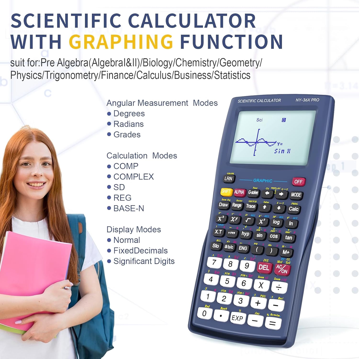NEWYES Scientific Calculator with Graphing Function, 36X Pro Graphic Science Calculator for Middle and High School Supplies (Blue)