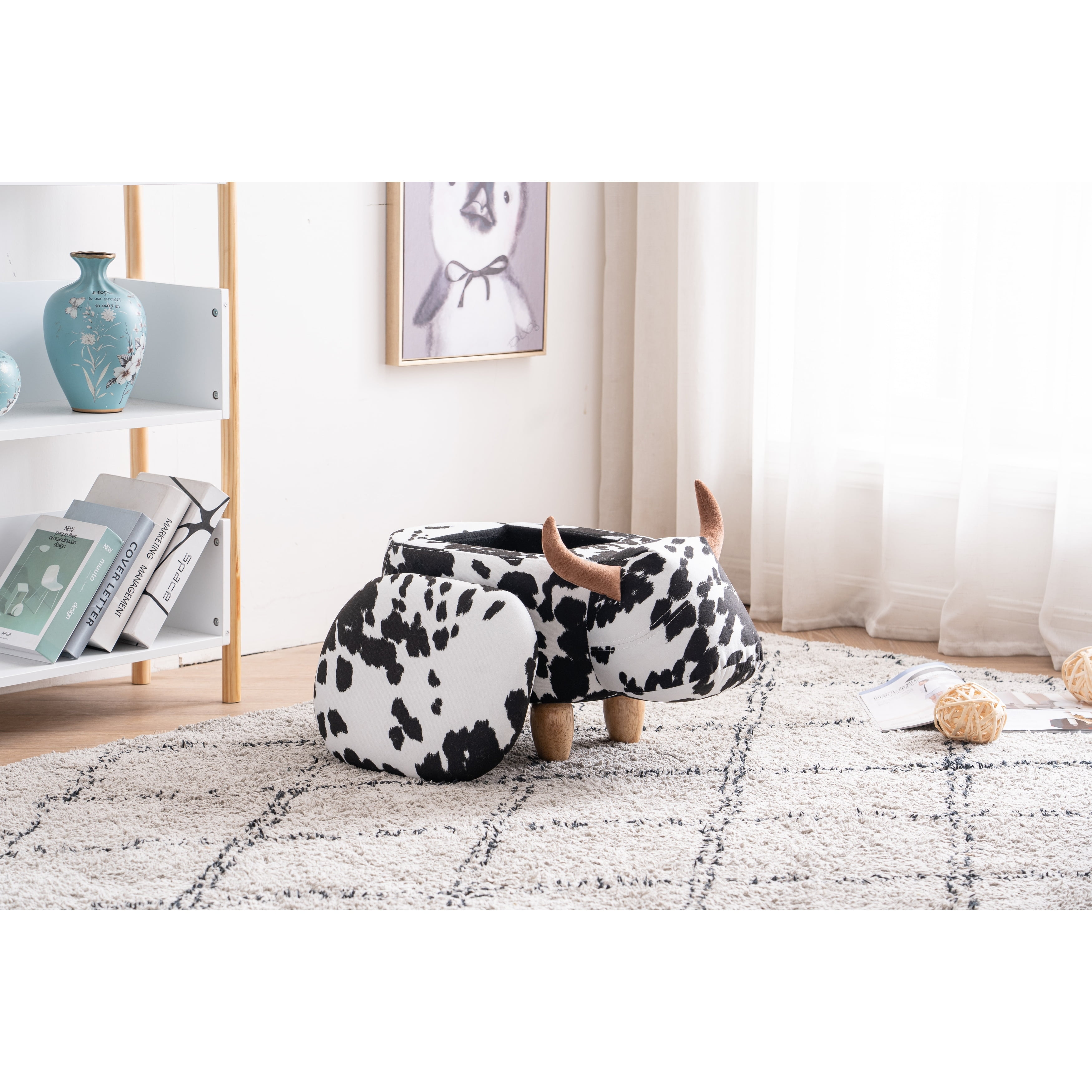 Animal Cow Storage Upholstered Kids Ottoman Black