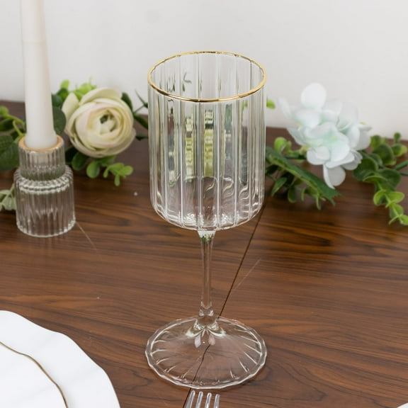 Efavormart 6-Pack Vintage Goblet Wine Glasses – 10oz Ribbed Clear Glass with Gold Rim, Classic Table Drinkware for Cocktails or Beverages – 8" Tall