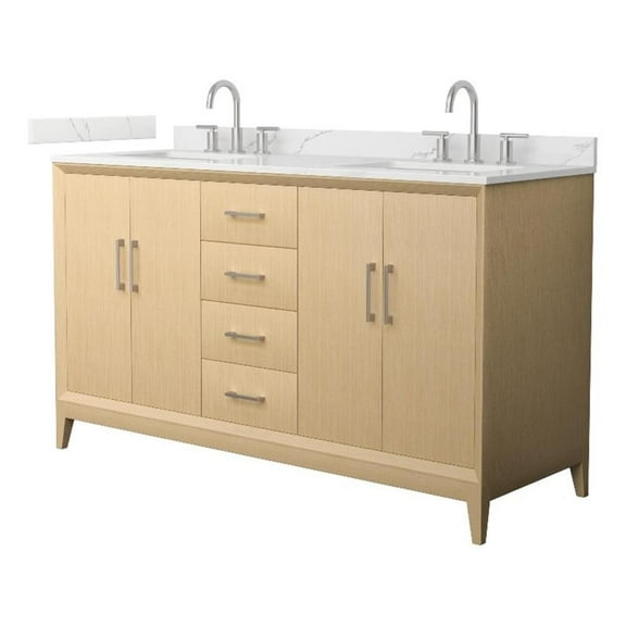 Janna 60" White Oak Double Vanity & Giotto Quartz Top (3-Hole) & Nickel Trim