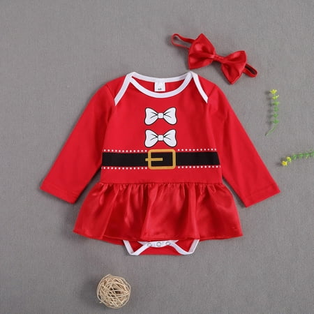 

CHGBMOK Christmas Deals Newborn Baby Girls Long Sleeve Christmas Ruffle Romper Bodysuit+Headband Set Clearance