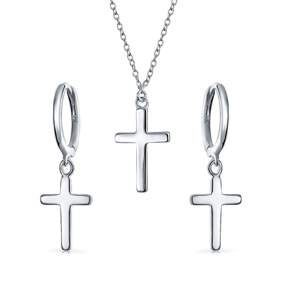 Bling Jewelry Womens Simple Religious Cross Pendant Necklace and Dangle Earrings Set Sterling Silver