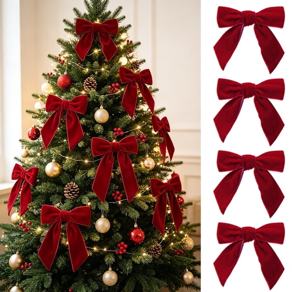 Christmas Decorations - Christmas Bows - 12Pcs 4.5 inch Red Velvet Bows for Christmas Tree - Burgundy Xmas Ribbon Ornaments - Home Decor for Wreath Garland Gift Wrapping Crafts Wedding Party