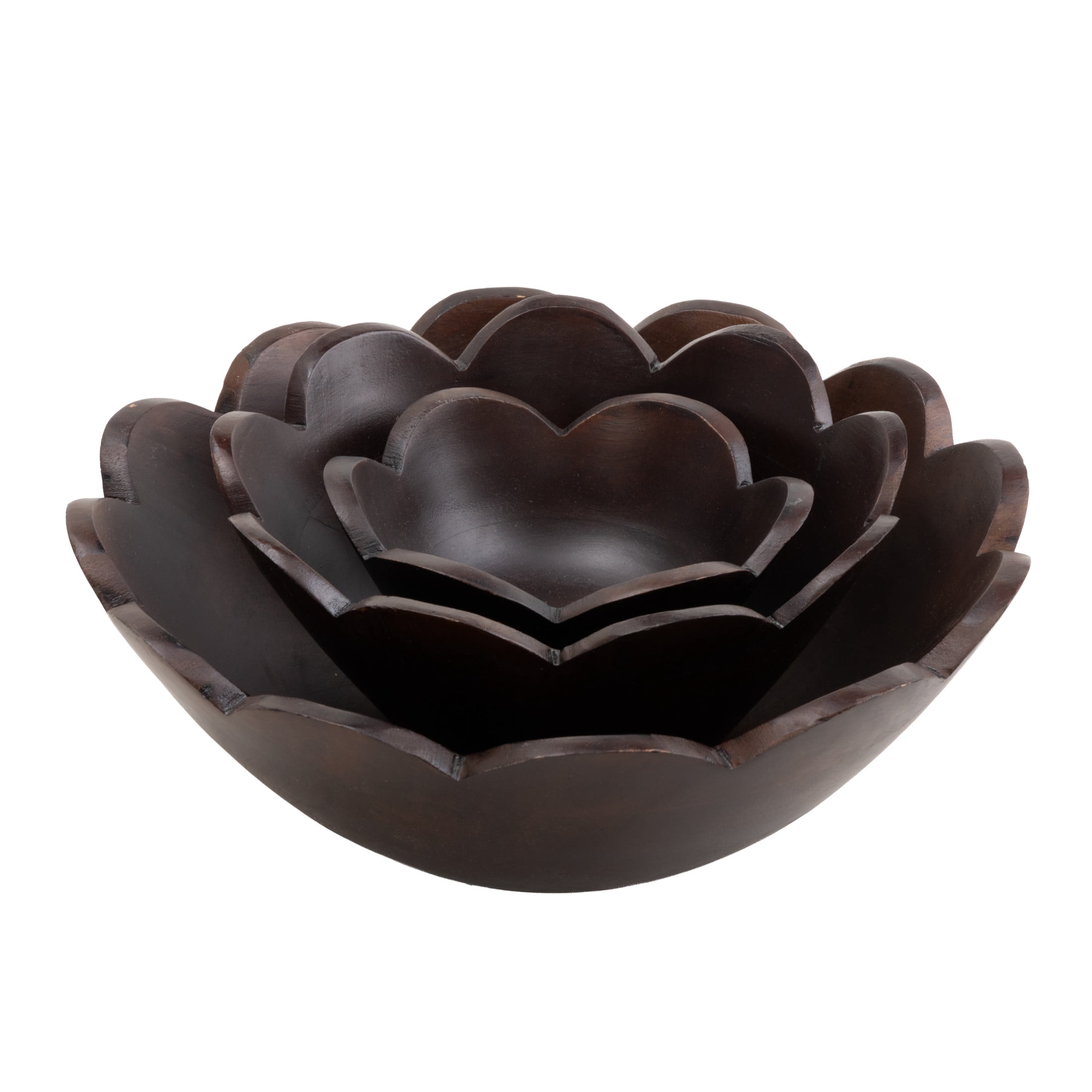 DecMode 12", 9", 6"W Handmade Round Floral Dark Brown Mango Wood Decorative Bowl, Set of 3